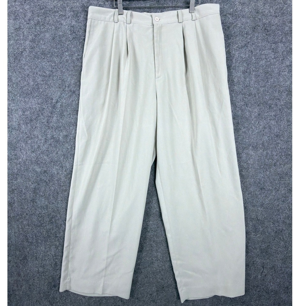 Carmel Zhao Pleated Trousers Mens 38 Beige Microfiber Dress Pants USA Made